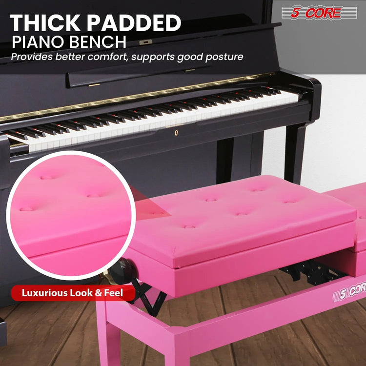 5 Core Duet Piano Bench 3.5 Inch Padded Cushioned Stool Wooden Heavy Duty Musician Chair w Storage - HONORABLE VETERANS SOLUTIONS