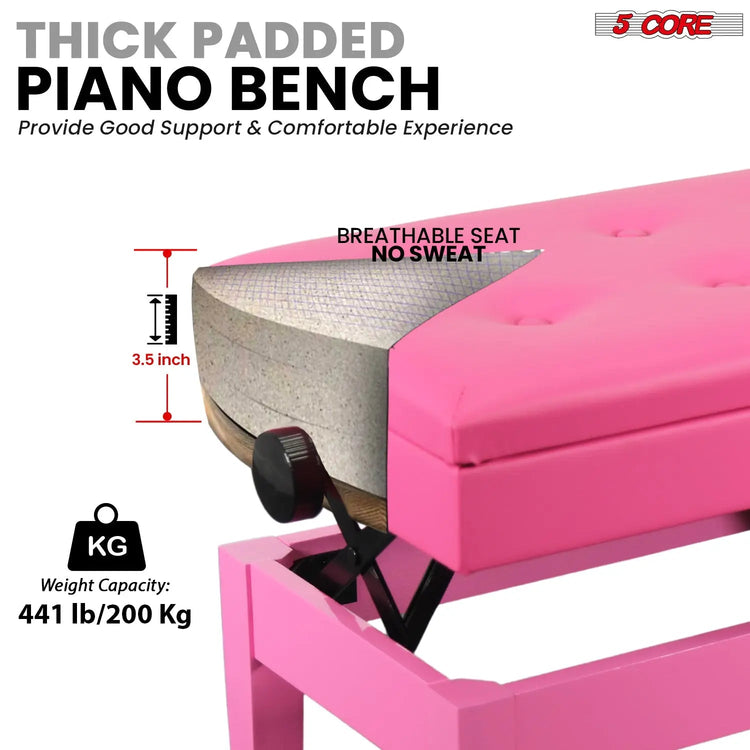 5 Core Duet Piano Bench 3.5 Inch Padded Cushioned Stool Wooden Heavy Duty Musician Chair w Storage - HONORABLE VETERANS SOLUTIONS