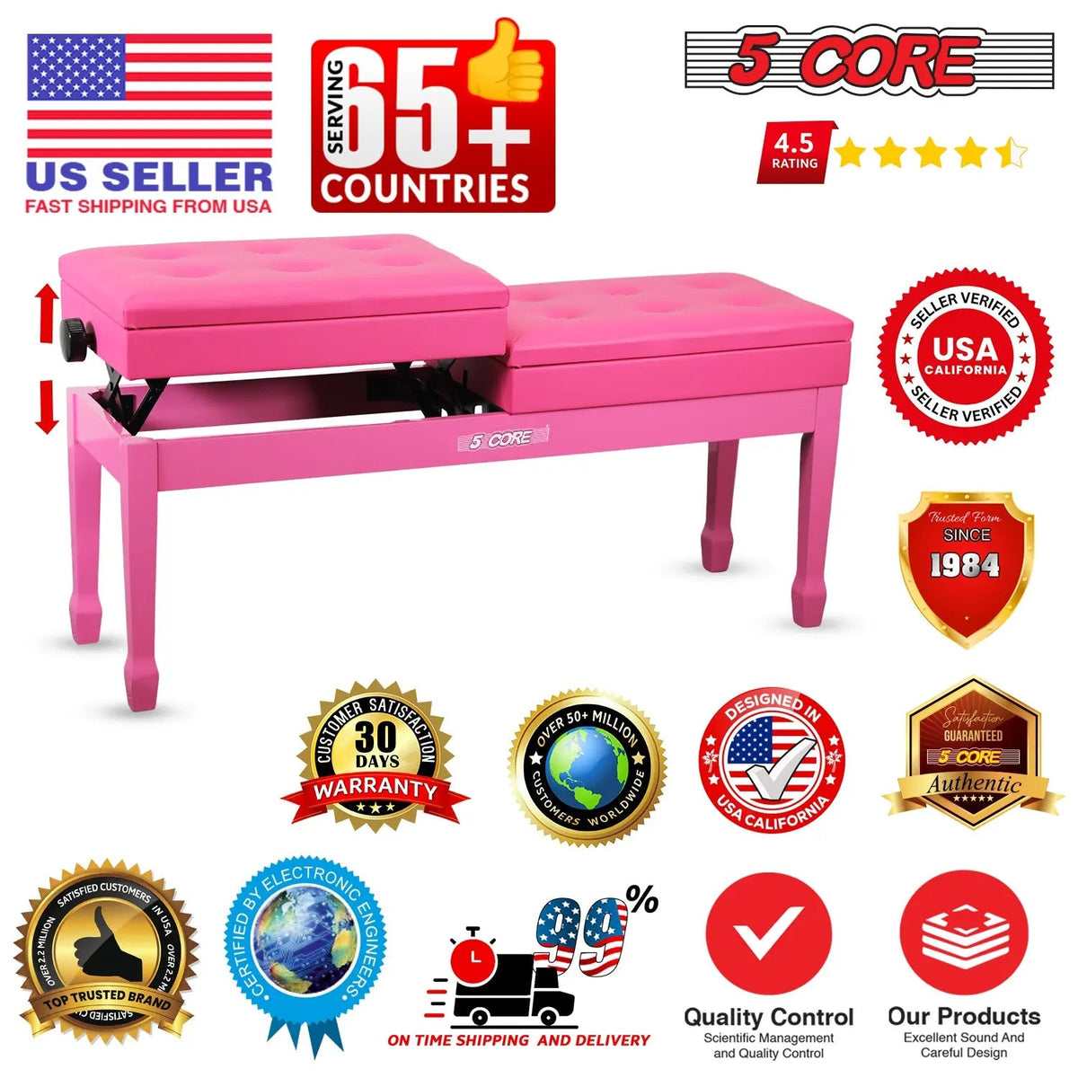 5 Core Duet Piano Bench 3.5 Inch Padded Cushioned Stool Wooden Heavy Duty Musician Chair w Storage - HONORABLE VETERANS SOLUTIONS
