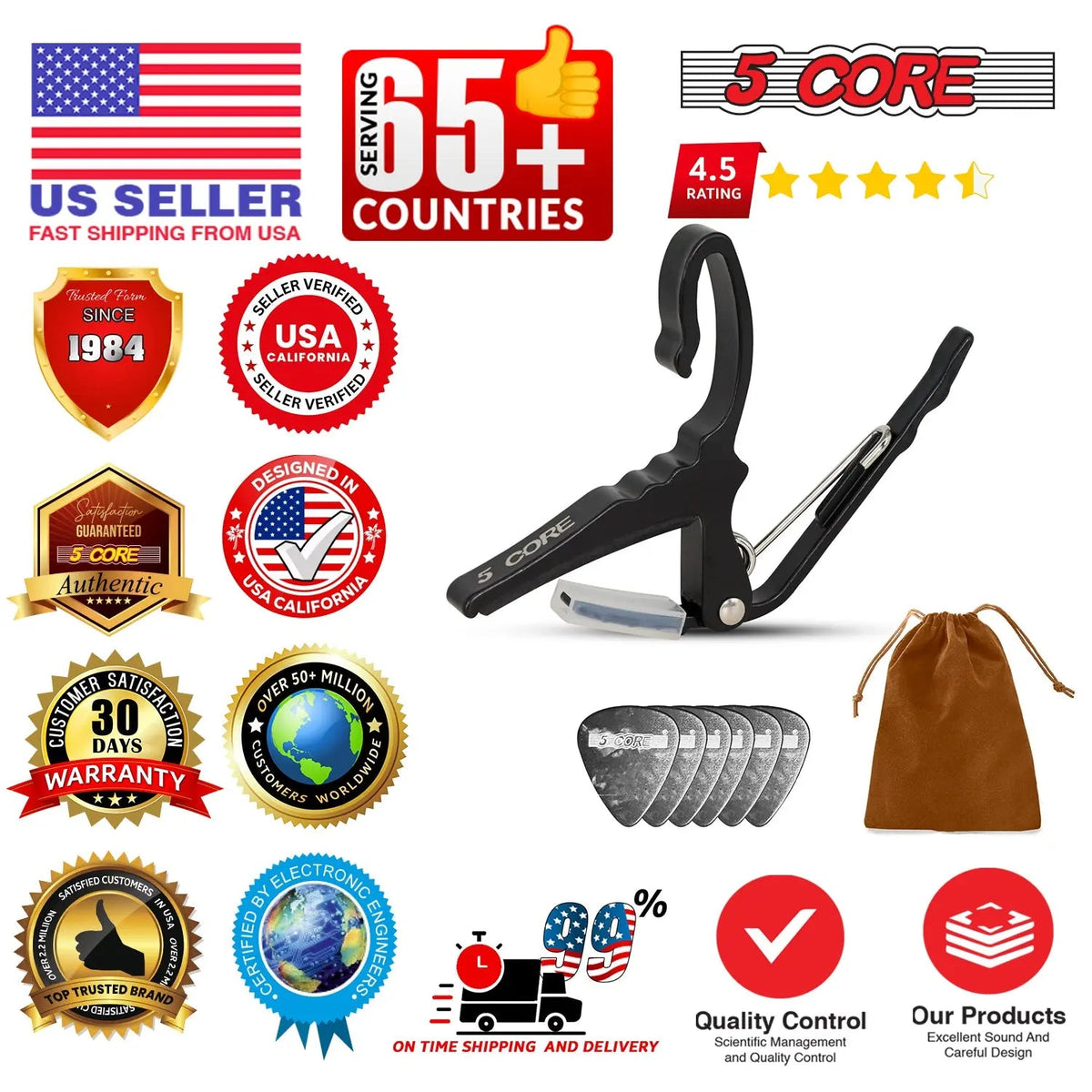 5 Core Guitar Capo Quick Change Acoustic Electric String Clip Banjo Mandolin Or Ukulele - HONORABLE VETERANS SOLUTIONS