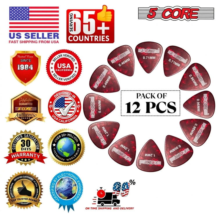 5 Core Guitar Picks 12 Piece Celluloid Light Medium Heavy Extra Heavy for Acoustic Electric Guitars - HONORABLE VETERANS SOLUTIONS