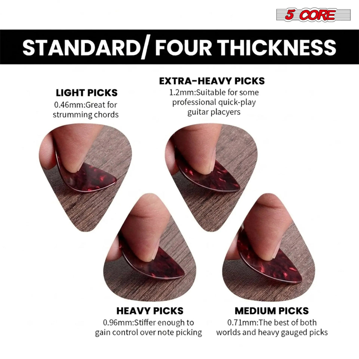 5 Core Guitar Picks 12 Piece Celluloid Light Medium Heavy Extra Heavy for Acoustic Electric Guitars - HONORABLE VETERANS SOLUTIONS