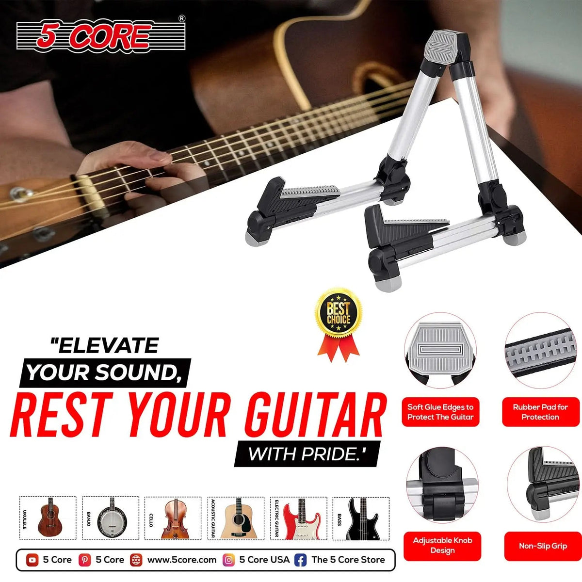 5 Core Guitar Stand Adjustable A Frame Shape w Rubber Pad Arms Supports Acoustic Electric Bass - HONORABLE VETERANS SOLUTIONS