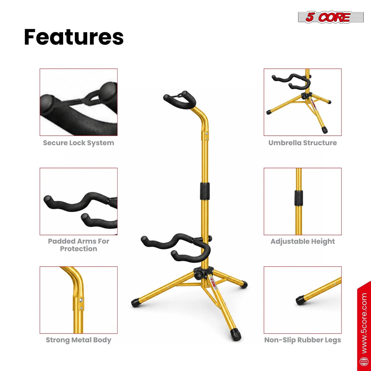 5 Core Guitar Stand Floor Adjustable Heavy Duty w Neck Holder for Acoustic Electric Classic Bass - HONORABLE VETERANS SOLUTIONS