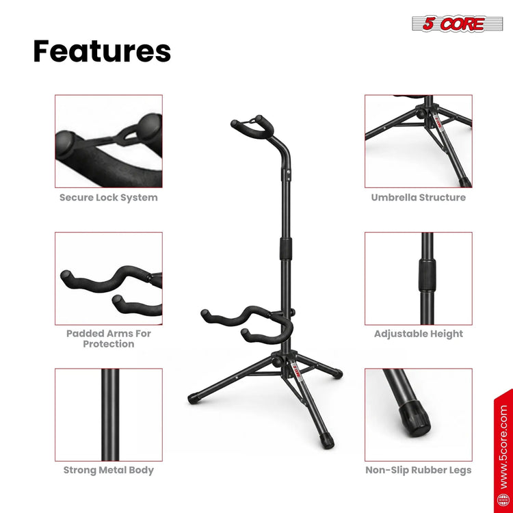 5 Core Guitar Stand Floor Adjustable Heavy Duty w Neck Holder for Acoustic Electric Classic Bass - HONORABLE VETERANS SOLUTIONS