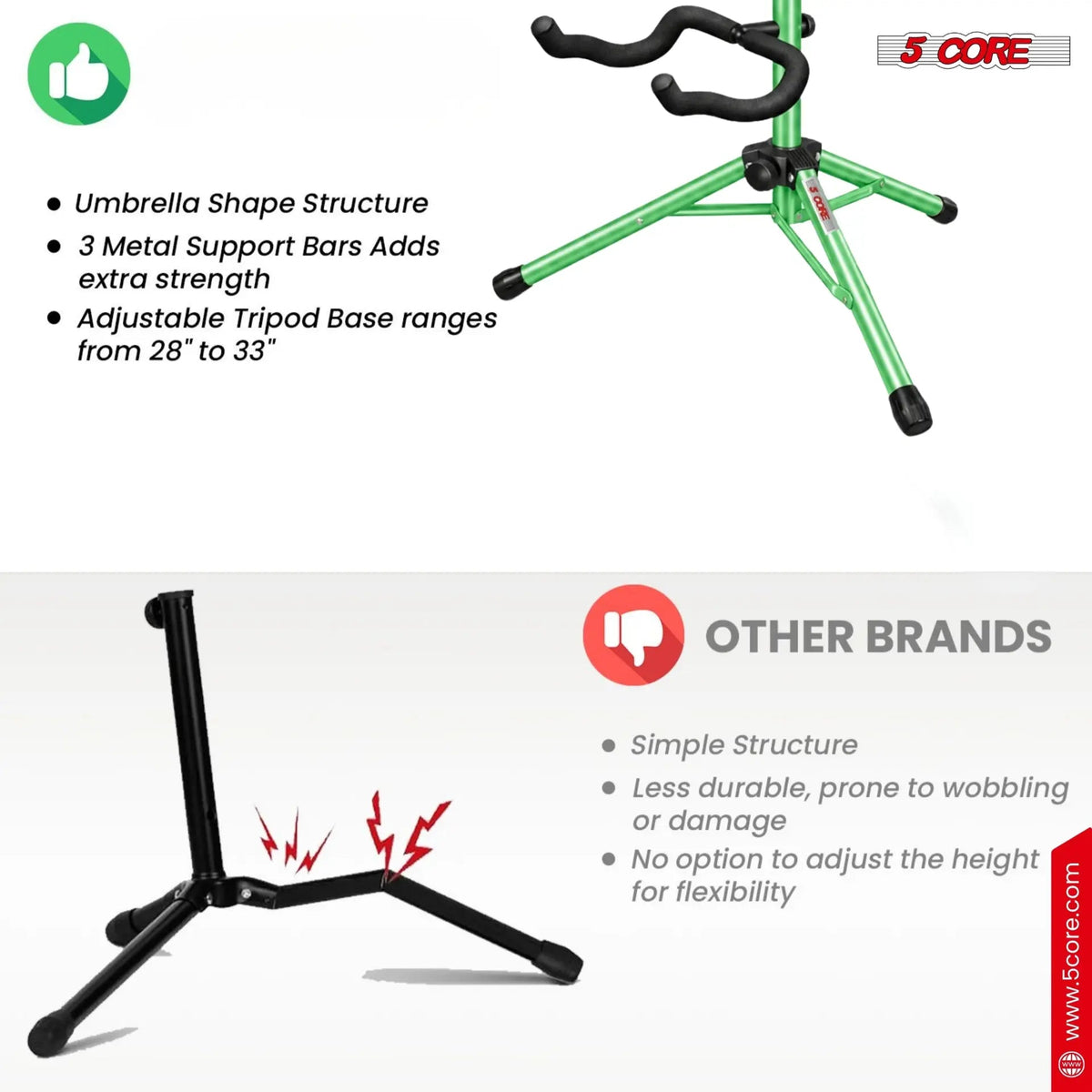 5 Core Guitar Stand Floor Adjustable Heavy Duty w Neck Holder for Acoustic Electric Classic Bass - HONORABLE VETERANS SOLUTIONS