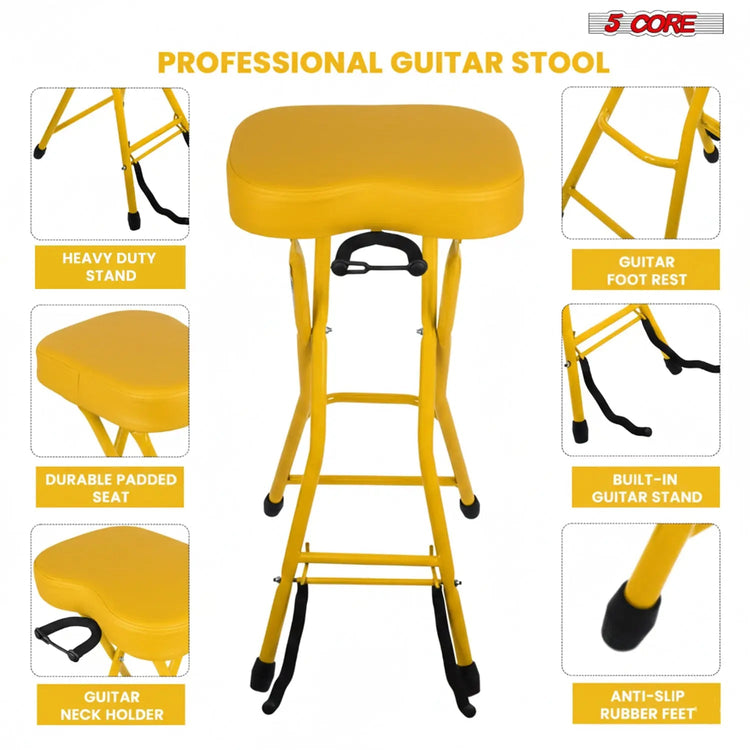 5 Core Guitar Stool 3.15" Padded Chair Foldable Music Seat w Built in Foot Rest Guitar Stand - HONORABLE VETERANS SOLUTIONS