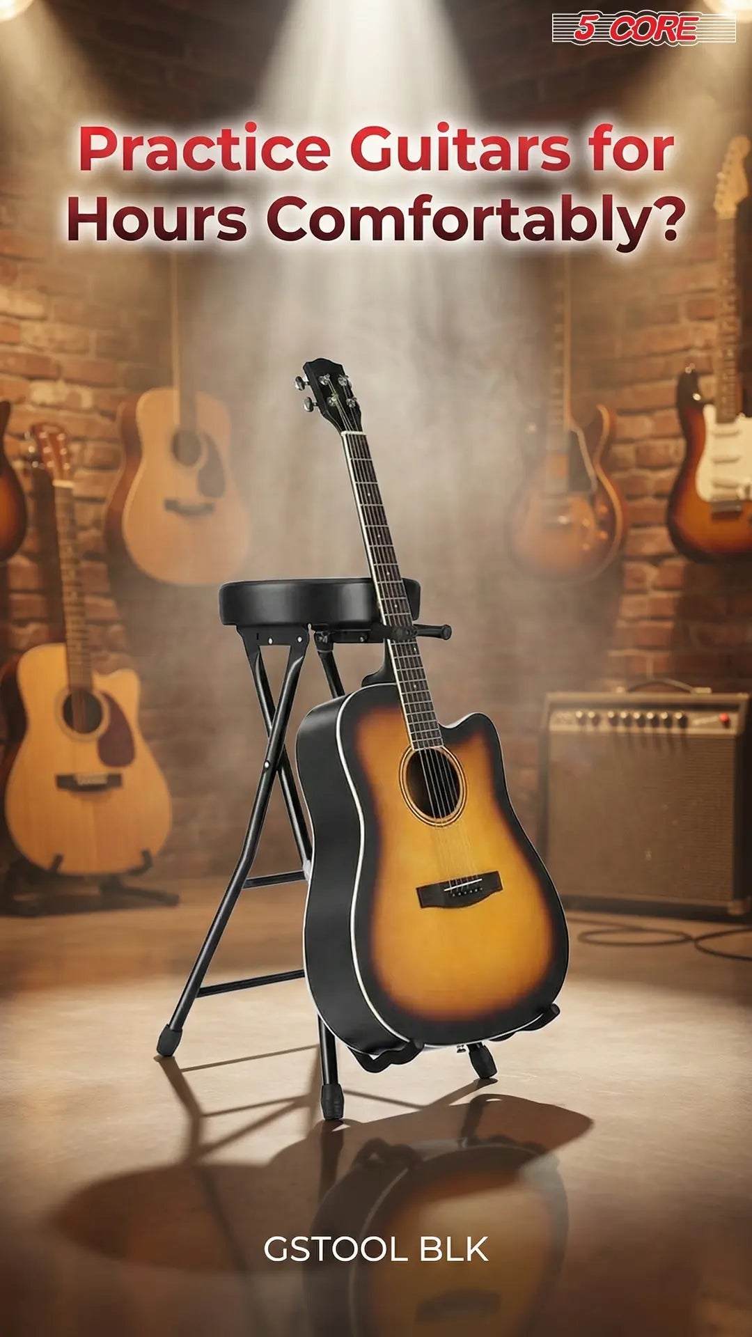 5 Core Guitar Stool 3.15" Padded Chair Foldable Music Seat w Built in Foot Rest Guitar Stand - HONORABLE VETERANS SOLUTIONS