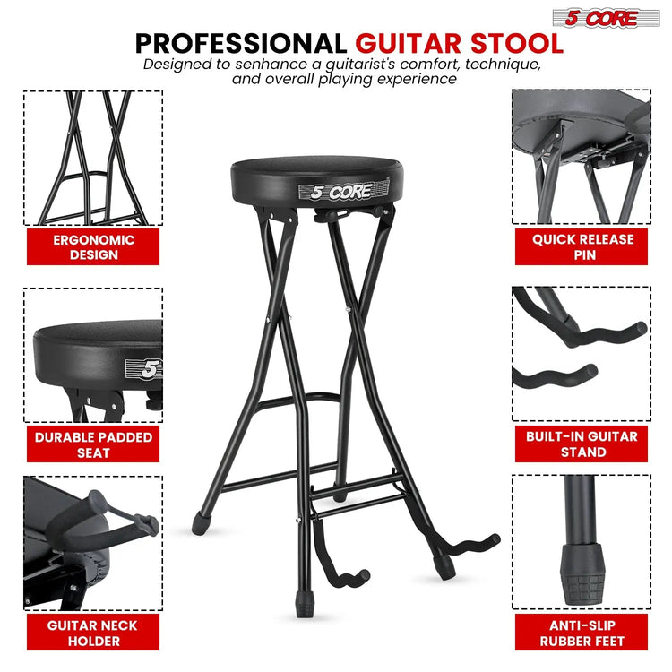 5 Core Guitar Stool 3.15" Padded Chair Foldable Music Seat w Built in Foot Rest Guitar Stand - HONORABLE VETERANS SOLUTIONS