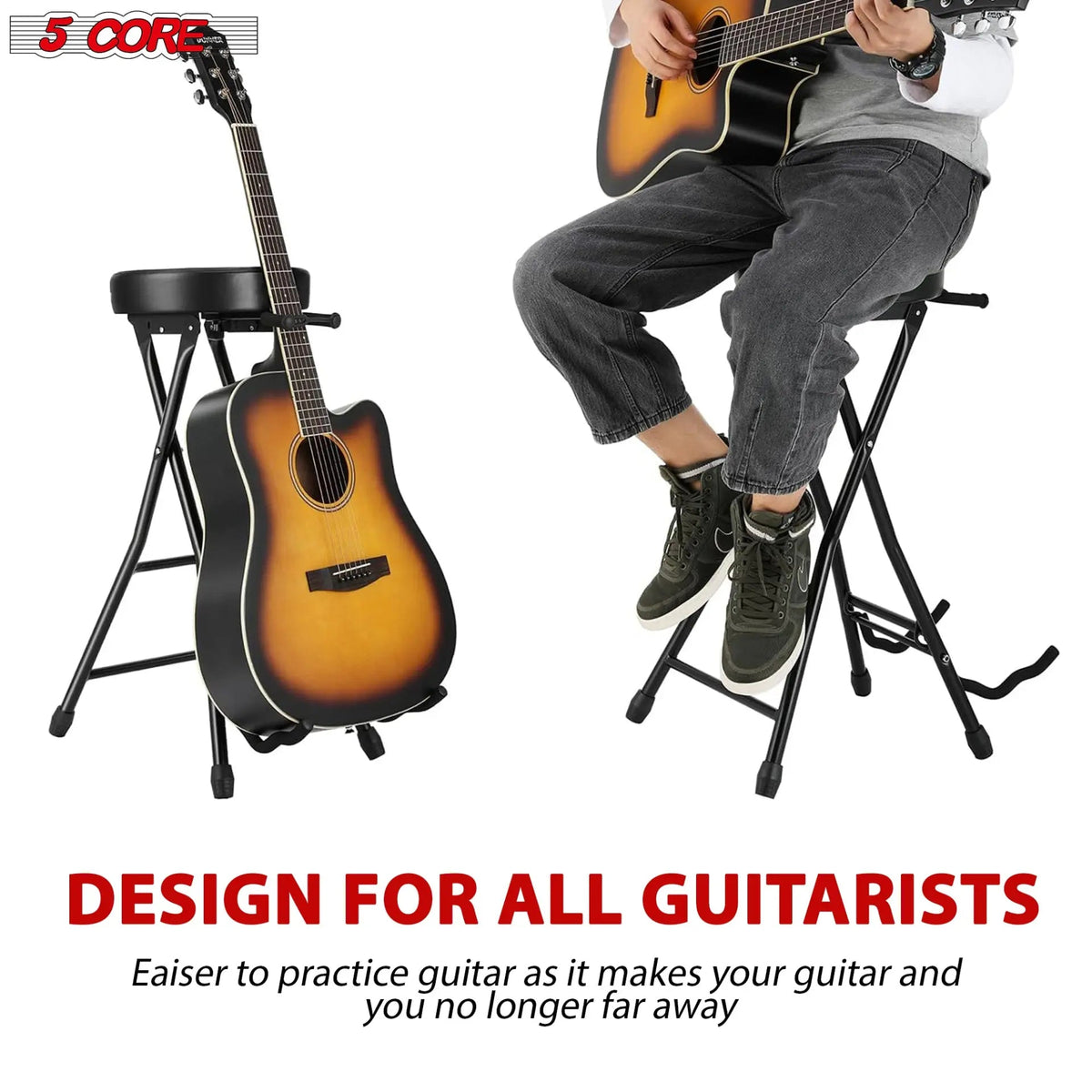 5 Core Guitar Stool 3.15" Padded Chair Foldable Music Seat w Built in Foot Rest Guitar Stand - HONORABLE VETERANS SOLUTIONS