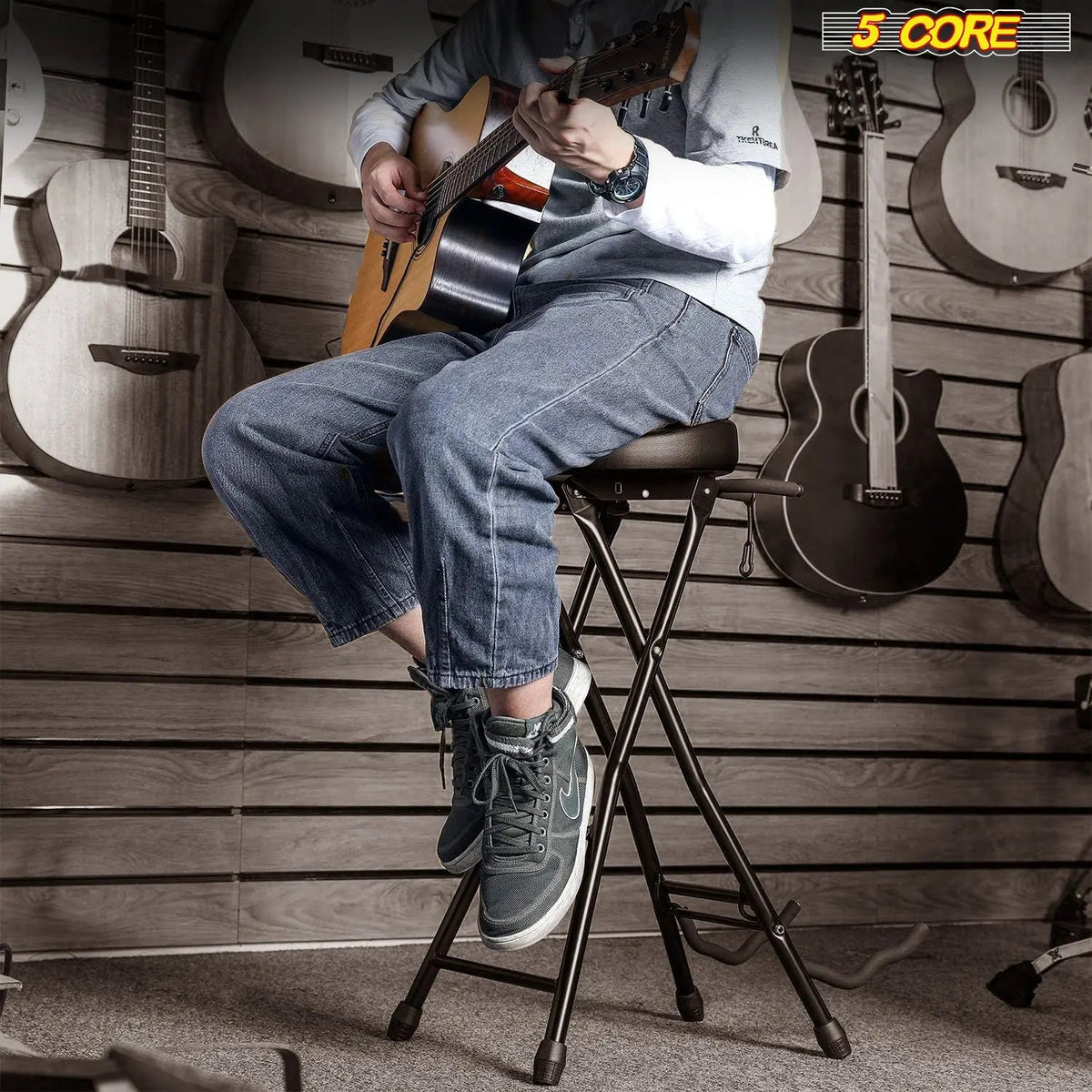 5 Core Guitar Stool 3.15" Padded Chair Foldable Music Seat w Built in Foot Rest Guitar Stand - HONORABLE VETERANS SOLUTIONS