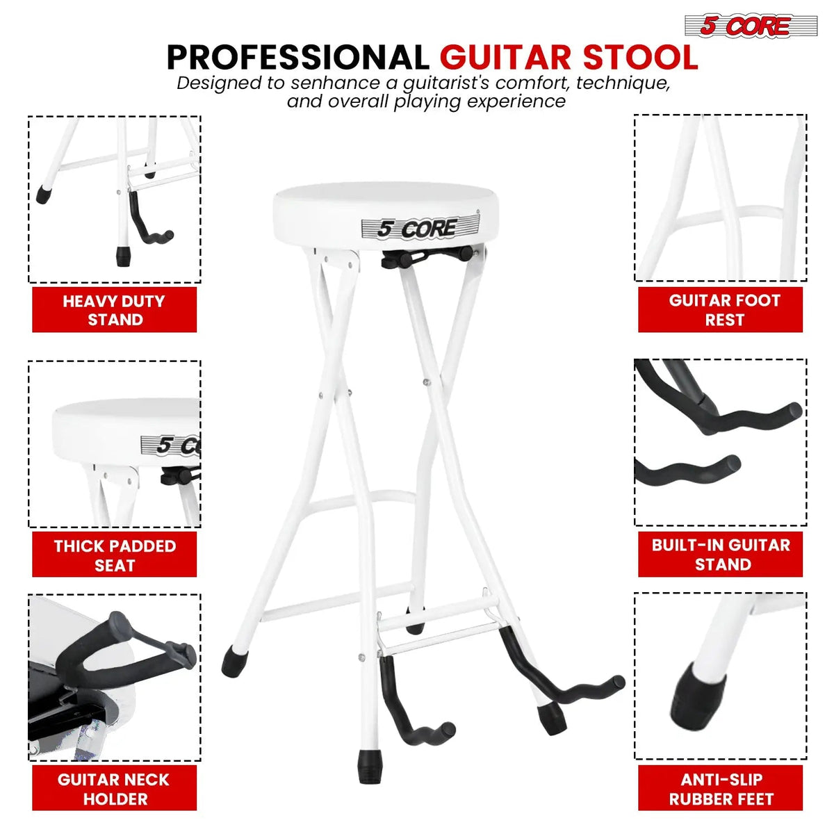 5 Core Guitar Stool 3.15" Padded Chair Foldable Music Seat w Built in Foot Rest Guitar Stand - HONORABLE VETERANS SOLUTIONS