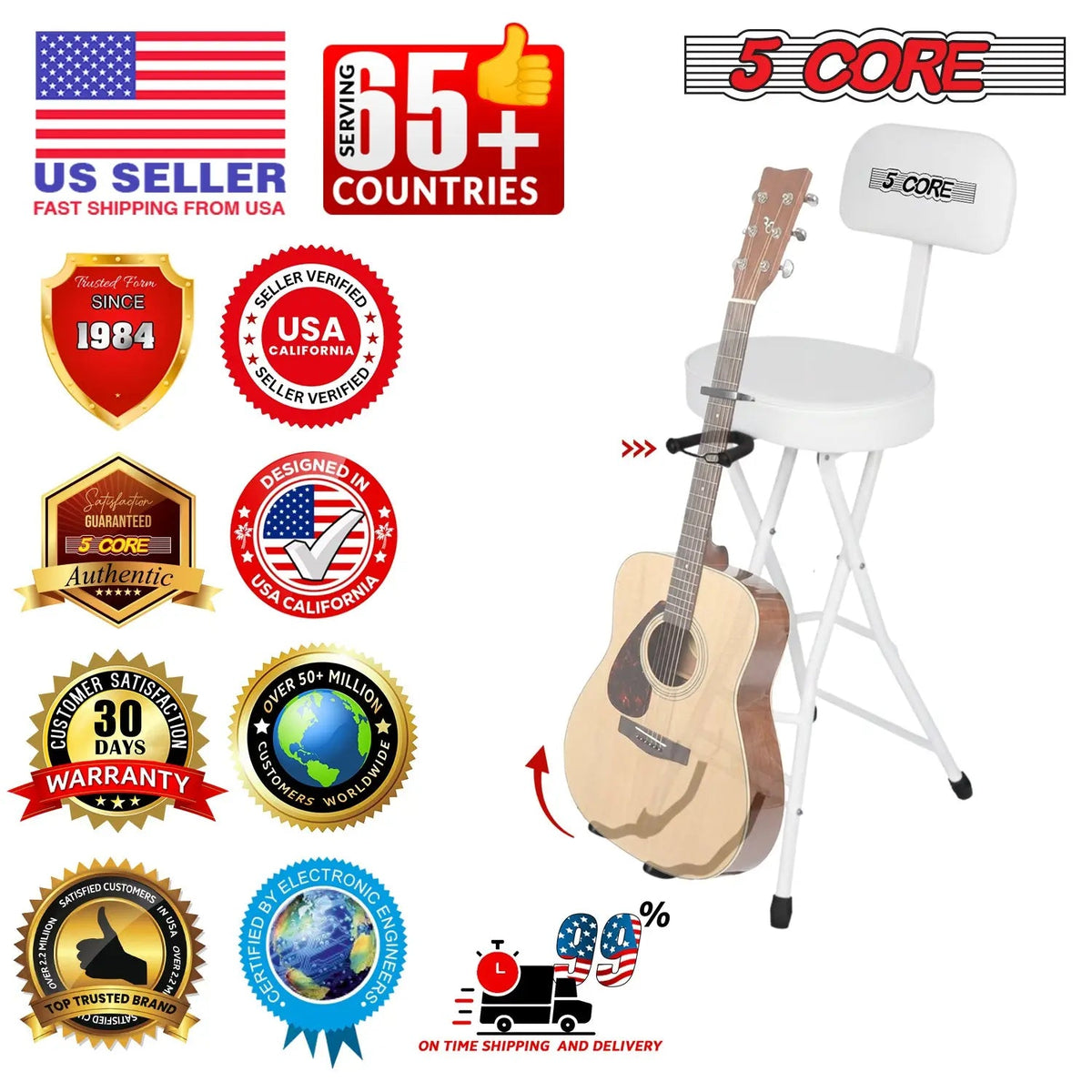 5 Core Guitar Stool w Backrest 3.15" Padded Chair Foldable Music Seat Built in Foot Rest Guitar Stand - HONORABLE VETERANS SOLUTIONS