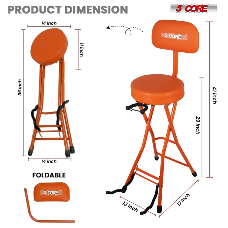 5 Core Guitar Stool w Backrest 3.15" Padded Chair Foldable Music Seat Built in Foot Rest Guitar Stand - HONORABLE VETERANS SOLUTIONS