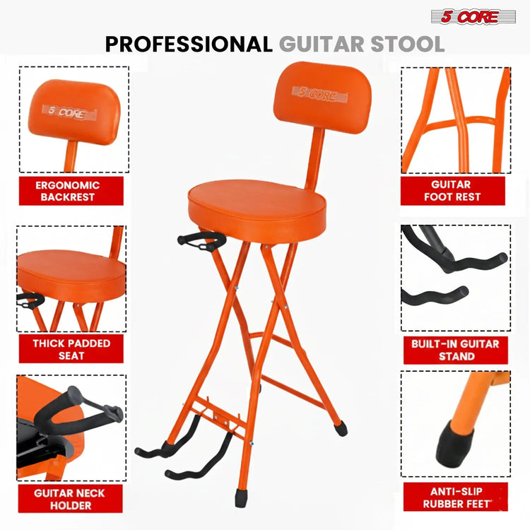 5 Core Guitar Stool w Backrest 3.15" Padded Chair Foldable Music Seat Built in Foot Rest Guitar Stand - HONORABLE VETERANS SOLUTIONS