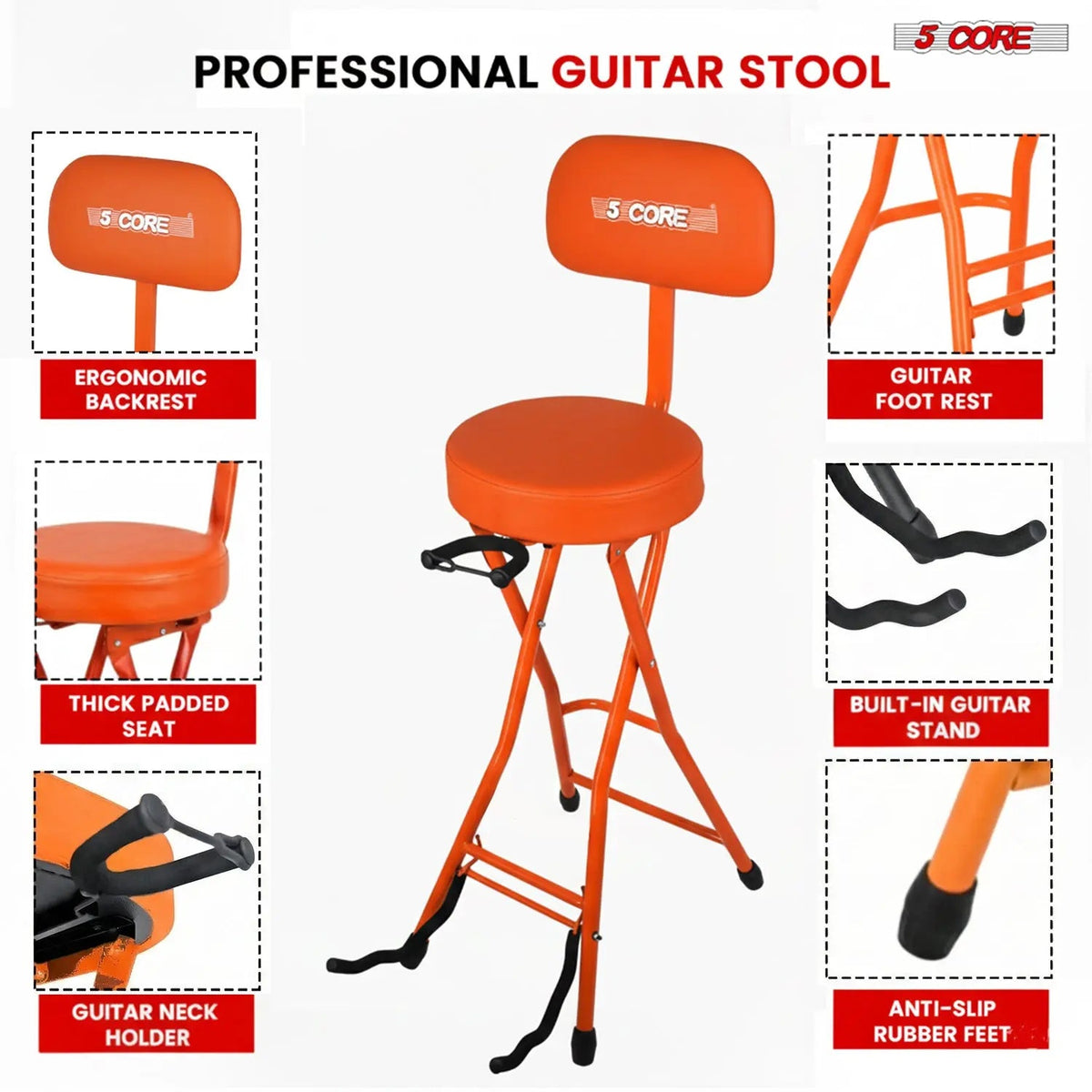 5 Core Guitar Stool w Backrest 3.15" Padded Chair Foldable Music Seat Built in Foot Rest Guitar Stand - HONORABLE VETERANS SOLUTIONS