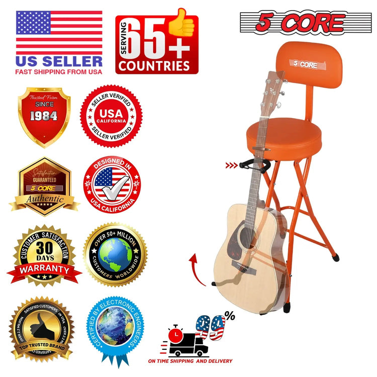 5 Core Guitar Stool w Backrest 3.15" Padded Chair Foldable Music Seat Built in Foot Rest Guitar Stand - HONORABLE VETERANS SOLUTIONS