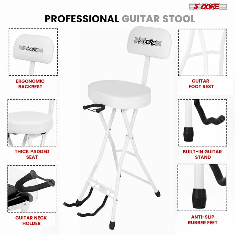 5 Core Guitar Stool w Backrest 3.15" Padded Chair Foldable Music Seat Built in Foot Rest Guitar Stand - HONORABLE VETERANS SOLUTIONS