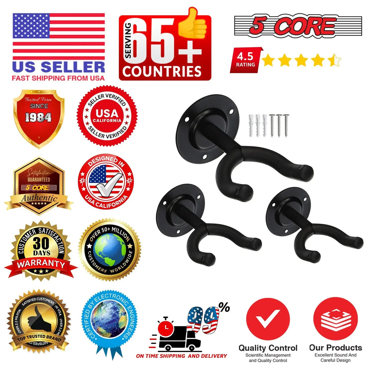 5 Core Guitar Wall Mount 3Pc Wall Mount for Classical Electric Acoustic Bass Guitars for Home Studio - HONORABLE VETERANS SOLUTIONS