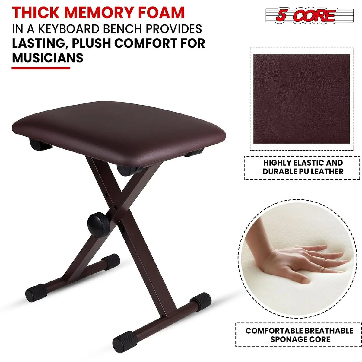 5 Core Keyboard Bench 2 Inch Padded Cushioned Piano Stool Height Adjustable 19" Guitar Seat Portable - HONORABLE VETERANS SOLUTIONS