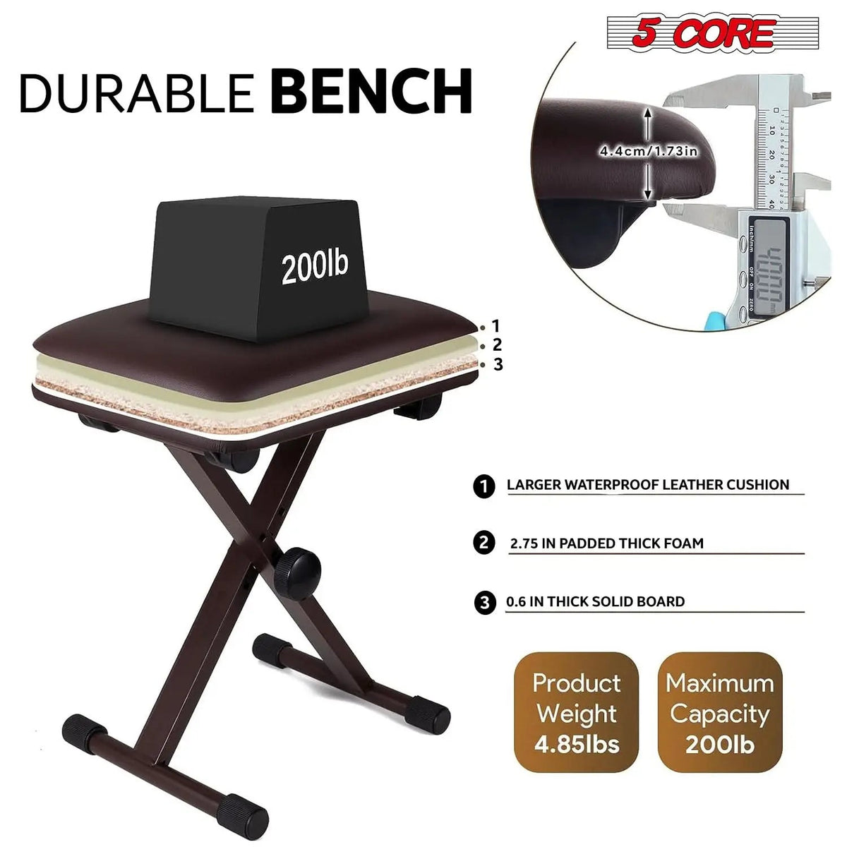 5 Core Keyboard Bench 2 Inch Padded Cushioned Piano Stool Height Adjustable 19" Guitar Seat Portable - HONORABLE VETERANS SOLUTIONS