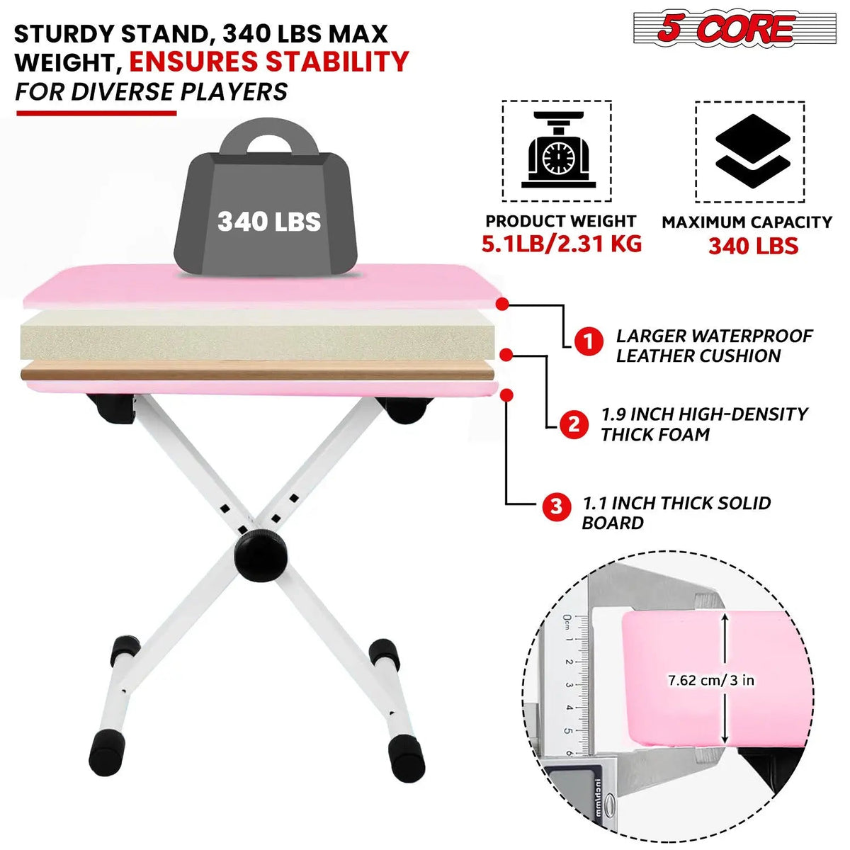5 Core Keyboard Bench 3 Inch Padded Piano Stool Adjustable 20.5" Guitar Seat Heavy Duty Portable - HONORABLE VETERANS SOLUTIONS