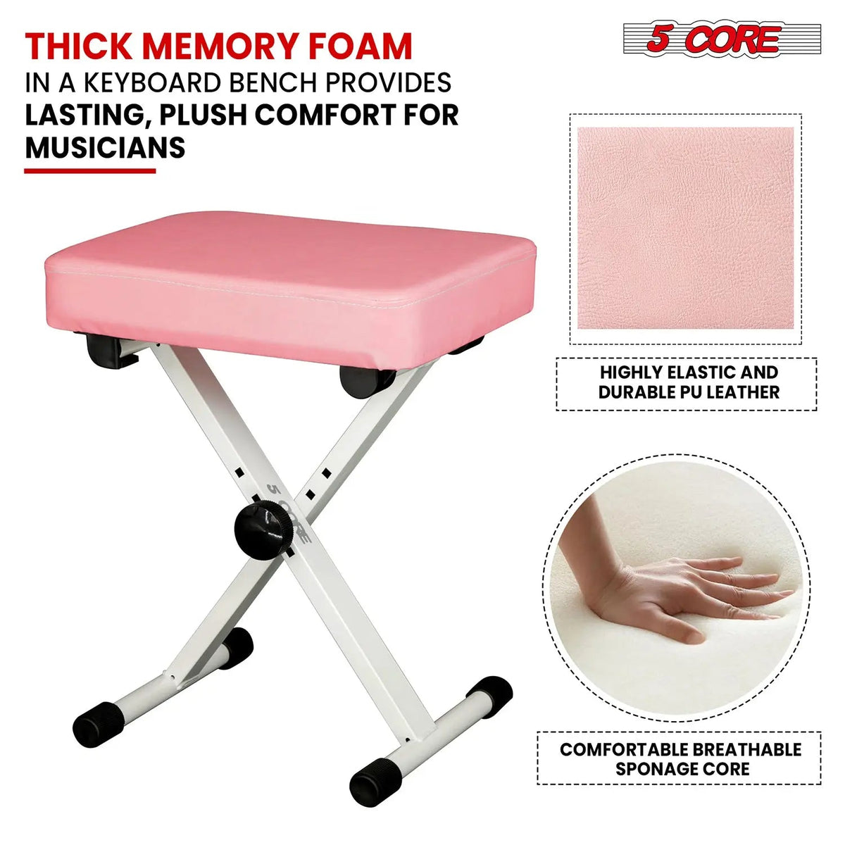 5 Core Keyboard Bench 3 Inch Padded Piano Stool Adjustable 20.5" Guitar Seat Heavy Duty Portable - HONORABLE VETERANS SOLUTIONS