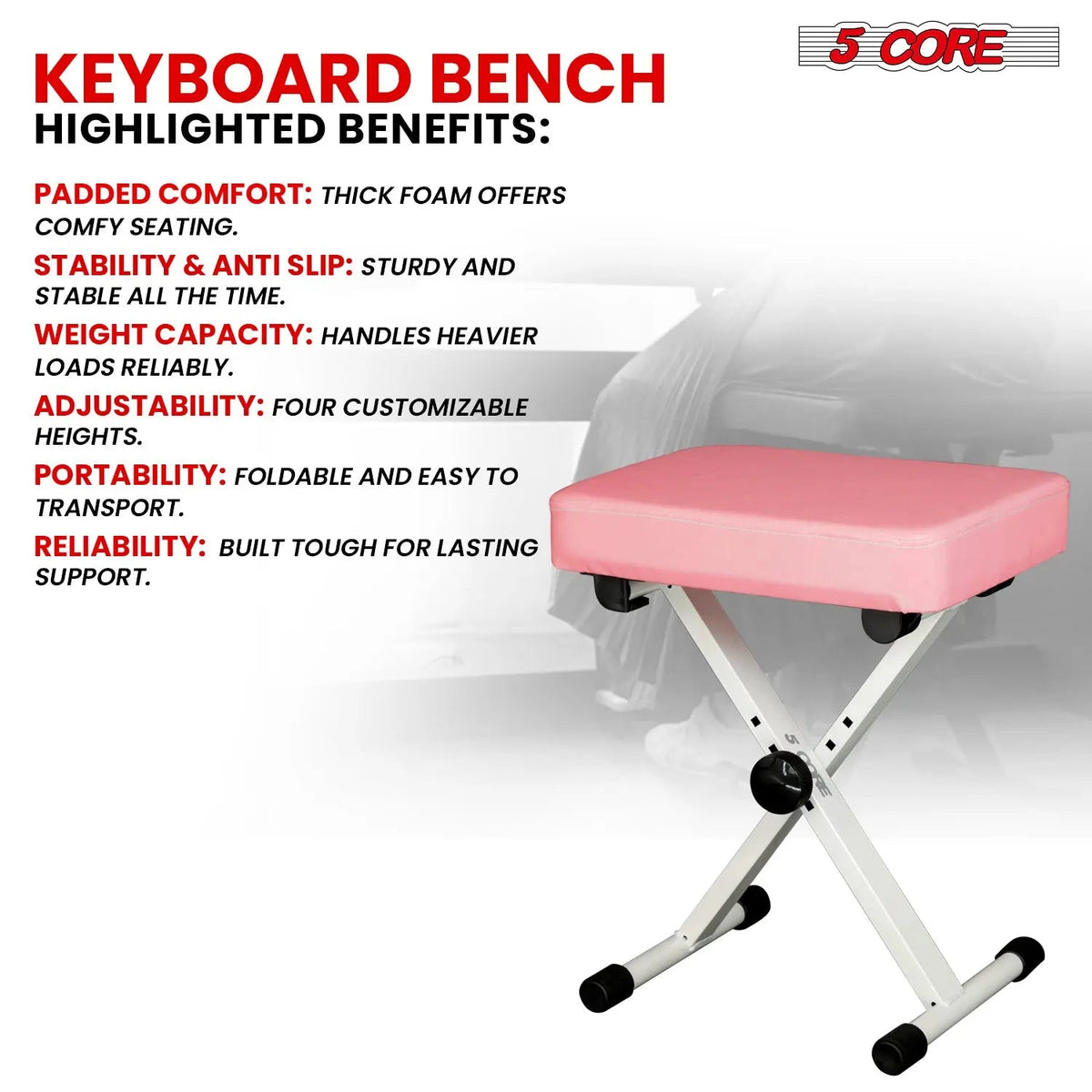 5 Core Keyboard Bench 3 Inch Padded Piano Stool Adjustable 20.5" Guitar Seat Heavy Duty Portable - HONORABLE VETERANS SOLUTIONS