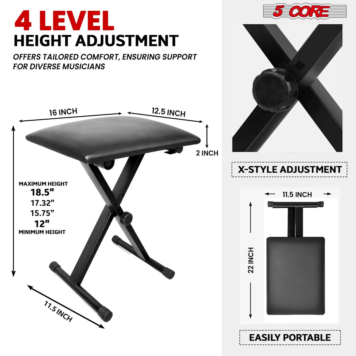 5 Core Keyboard & Bench Set Combo Height Adjustable Key Board Stands w Padded 2" Cushioned Musician - HONORABLE VETERANS SOLUTIONS