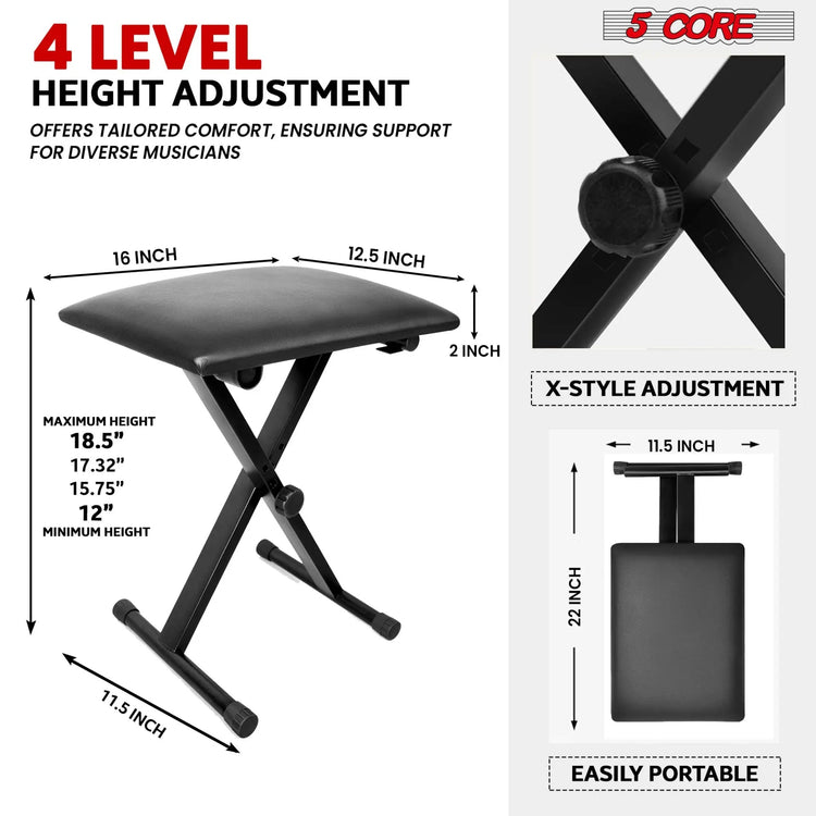 5 Core Keyboard & Bench Set Combo Height Adjustable Key Board Stands w Padded 2" Cushioned Musician - HONORABLE VETERANS SOLUTIONS