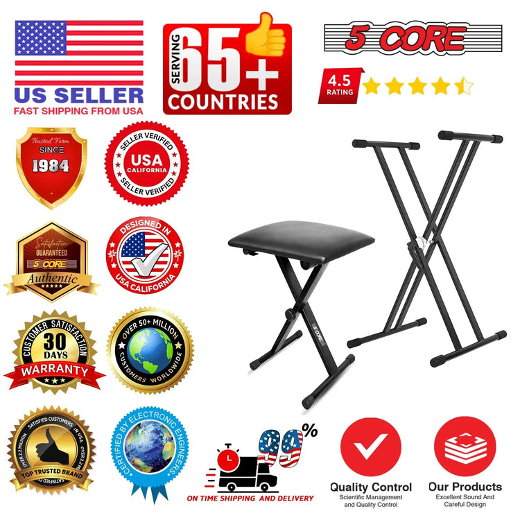 5 Core Keyboard & Bench Set Combo Height Adjustable Key Board Stands w Padded 2" Cushioned Musician - HONORABLE VETERANS SOLUTIONS