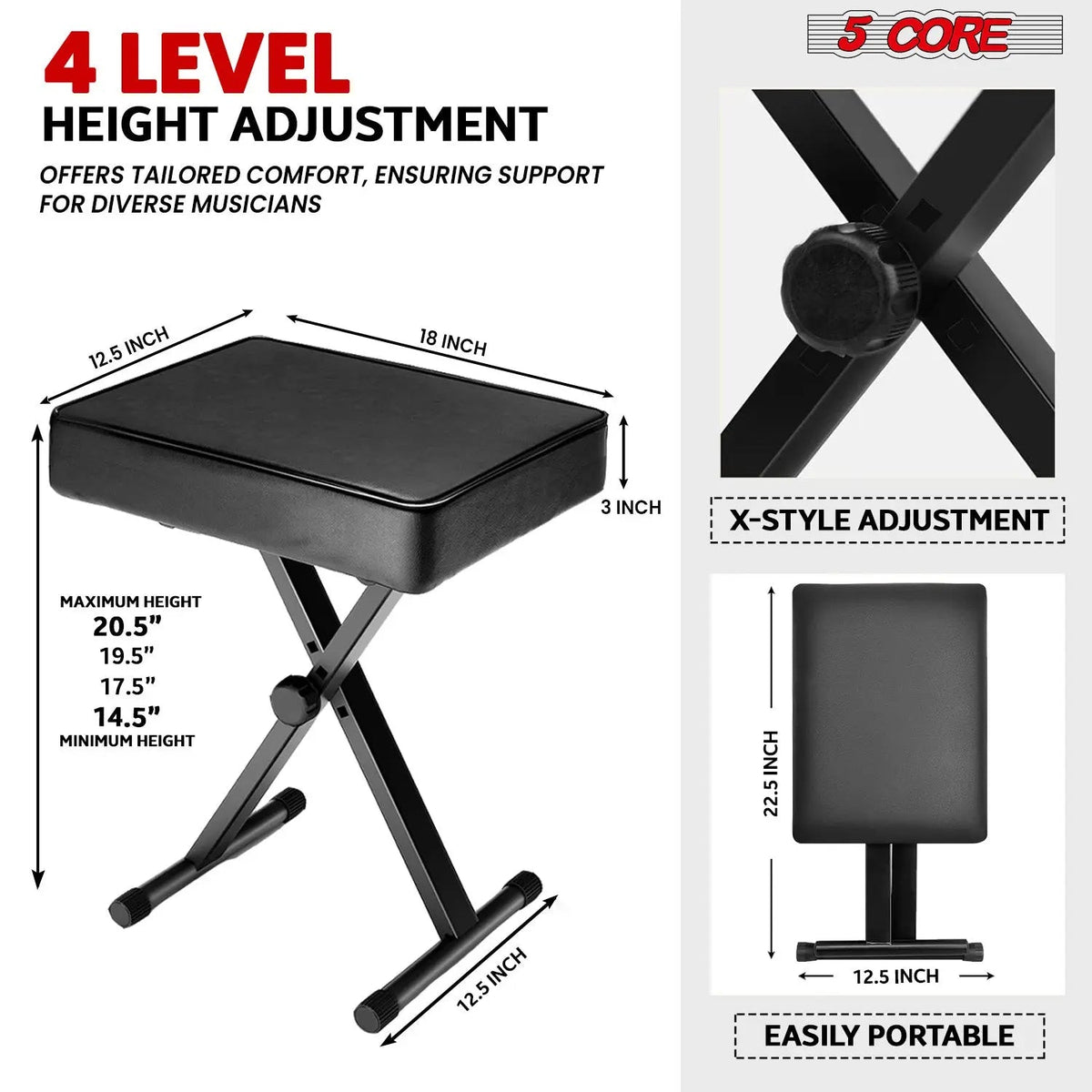 5 Core Keyboard Stand Piano Bench Combo Adjustable Key Board Stands 3" Padded Musician Chair Set - HONORABLE VETERANS SOLUTIONS