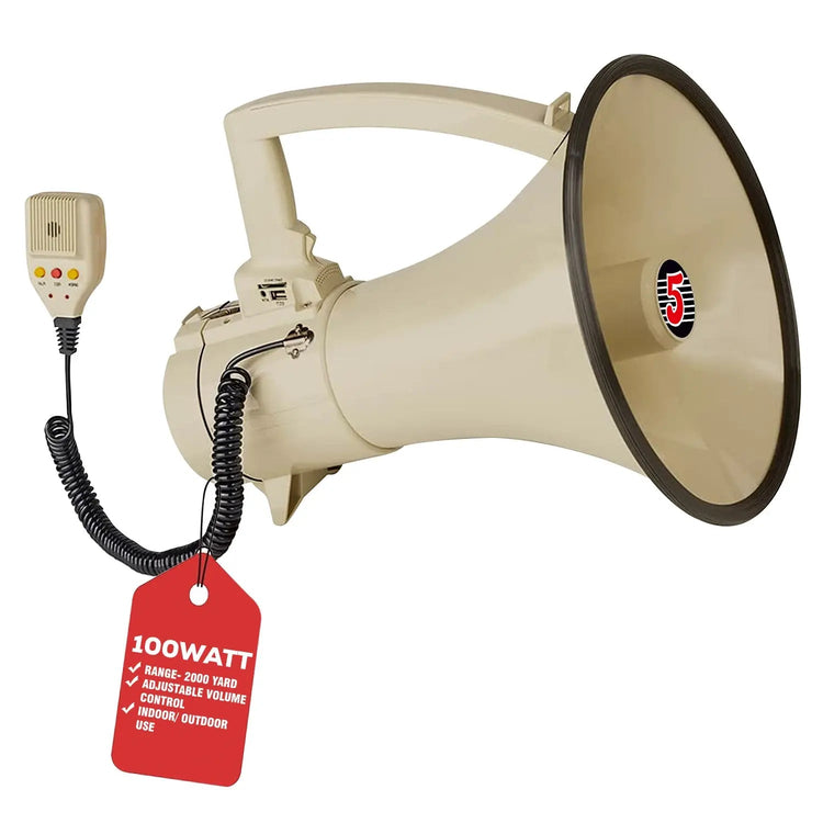 5 Core Megaphone 100W Bull Horn Professional PA Speaker w 2000 Yards Range Loud Siren Voice Amp - HONORABLE VETERANS SOLUTIONS