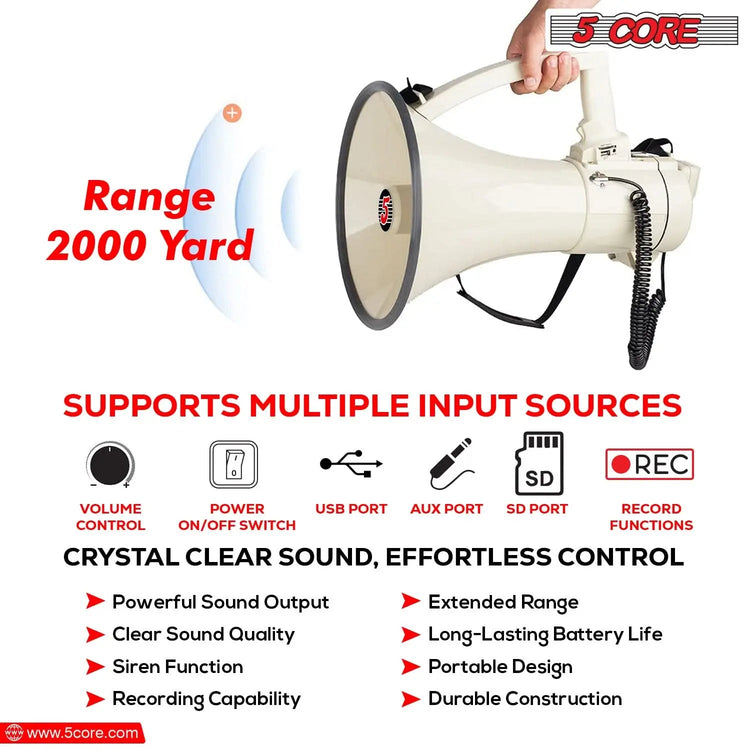 5 Core Megaphone 100W Bull Horn Professional PA Speaker w 2000 Yards Range Loud Siren Voice Amp - HONORABLE VETERANS SOLUTIONS