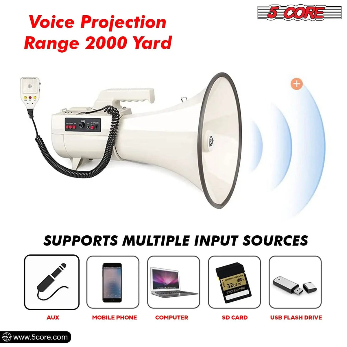5 Core Megaphone 100W Bull Horn Professional PA Speaker w 2000 Yards Range Loud Siren Voice Amp - HONORABLE VETERANS SOLUTIONS