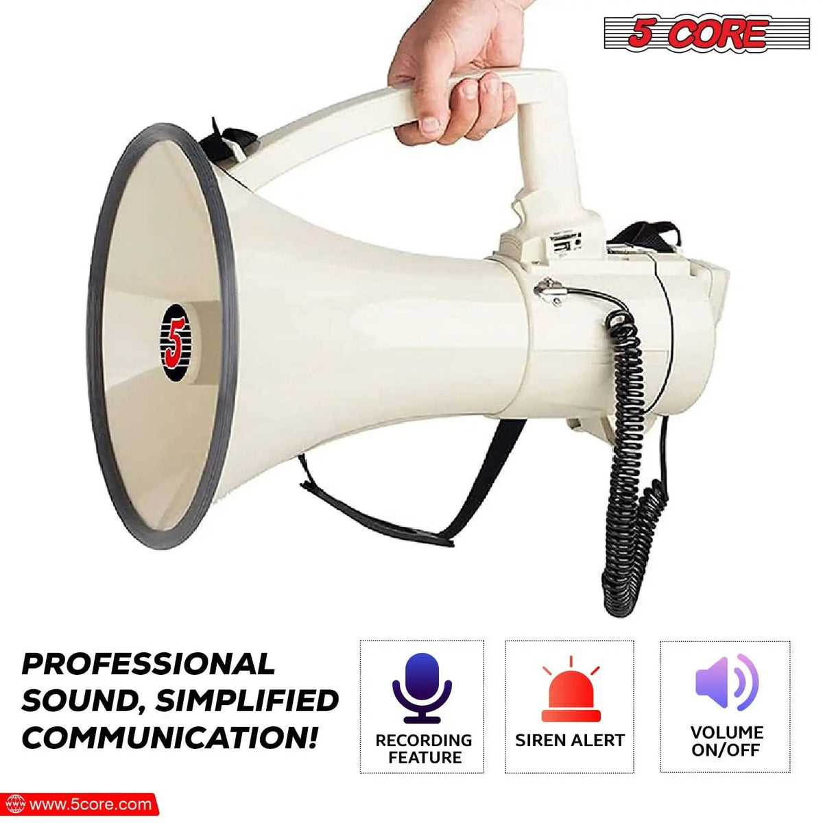 5 Core Megaphone 100W Bull Horn Professional PA Speaker w 2000 Yards Range Loud Siren Voice Amp - HONORABLE VETERANS SOLUTIONS