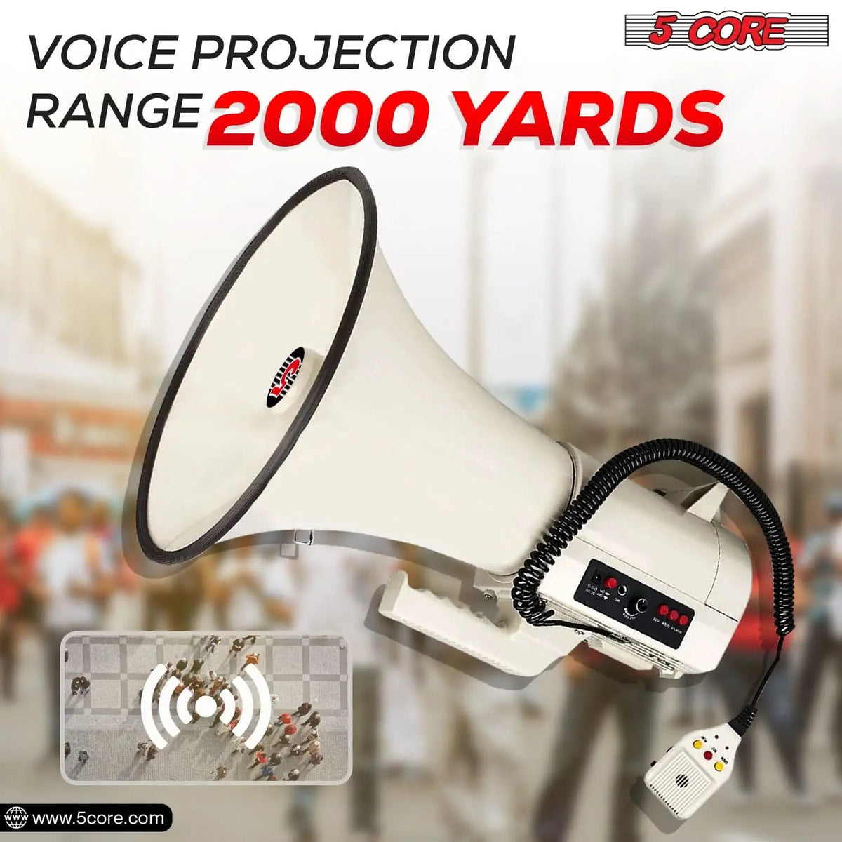 5 Core Megaphone 100W Bull Horn Professional PA Speaker w 2000 Yards Range Loud Siren Voice Amp - HONORABLE VETERANS SOLUTIONS