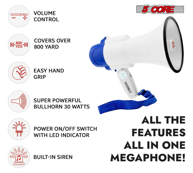 5 Core Megaphone 30W Bull Horn PA Speaker w 800 Yards Range Loud Siren Voice Amplifier Portable - HONORABLE VETERANS SOLUTIONS