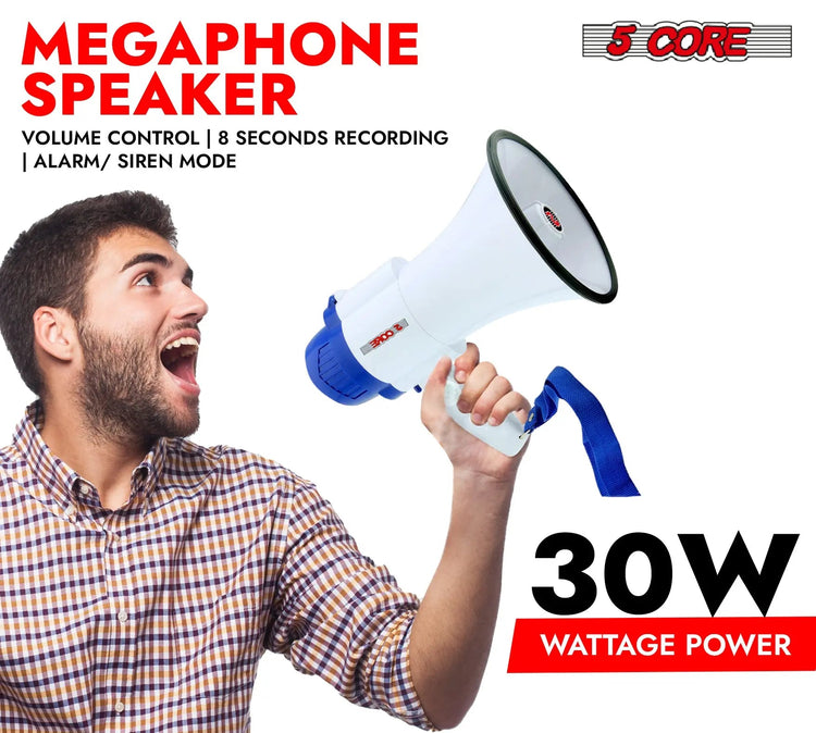 5 Core Megaphone 30W Bull Horn PA Speaker w 800 Yards Range Loud Siren Voice Amplifier Portable - HONORABLE VETERANS SOLUTIONS