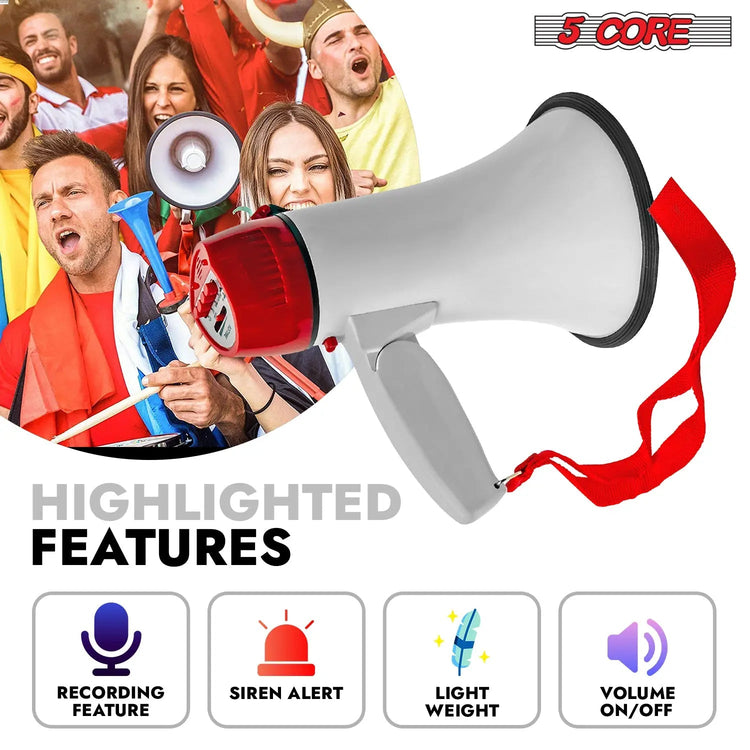5 Core Megaphone 30W Bull Horn PA Speaker w 800 Yards Range Loud Siren Voice Amplifier Portable - HONORABLE VETERANS SOLUTIONS