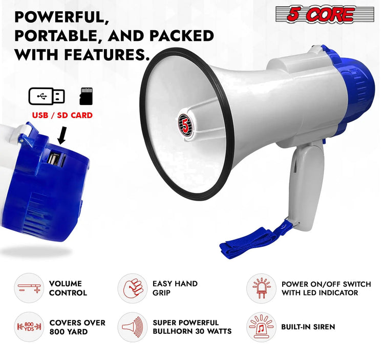 5 Core Megaphone 30W Bull Horn PA Speaker w 800 Yards Range Loud Siren Voice Amplifier Portable - HONORABLE VETERANS SOLUTIONS
