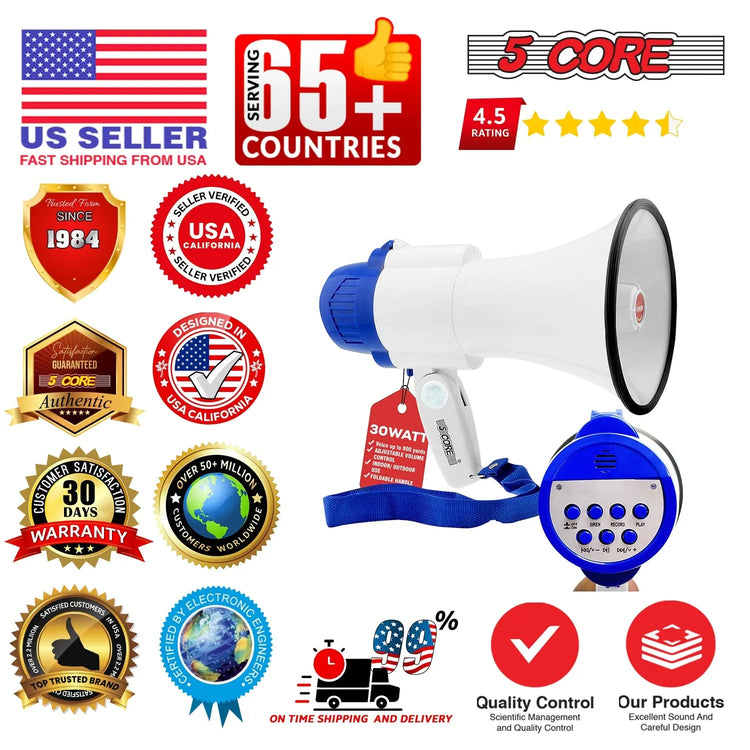 5 Core Megaphone 30W Bull Horn PA Speaker w 800 Yards Range Loud Siren Voice Amplifier Portable - HONORABLE VETERANS SOLUTIONS