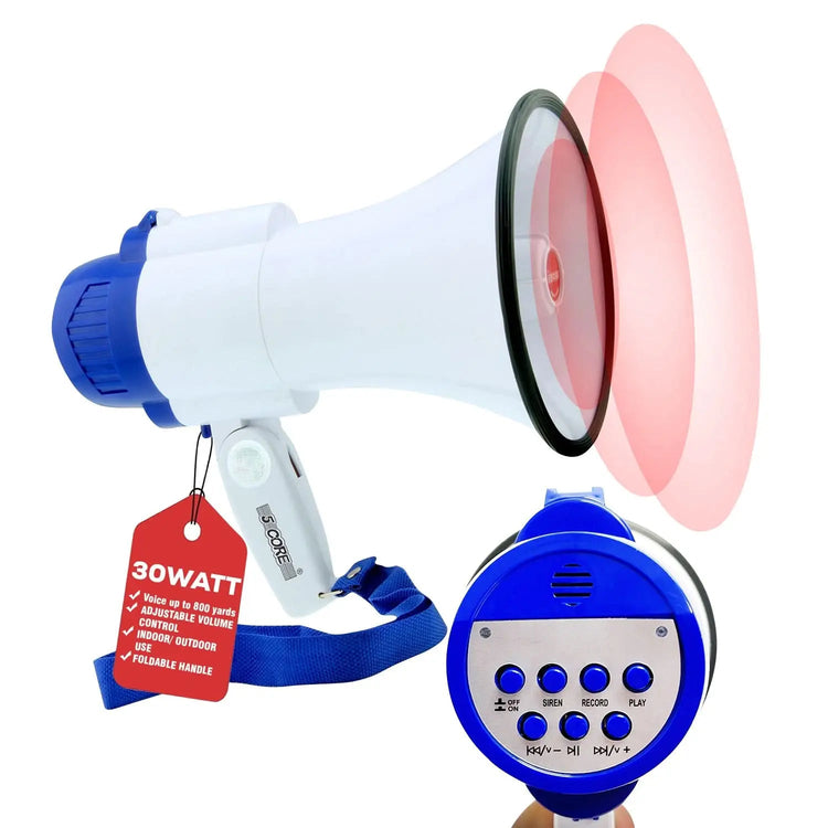 5 Core Megaphone 30W Bull Horn PA Speaker w 800 Yards Range Loud Siren Voice Amplifier Portable - HONORABLE VETERANS SOLUTIONS