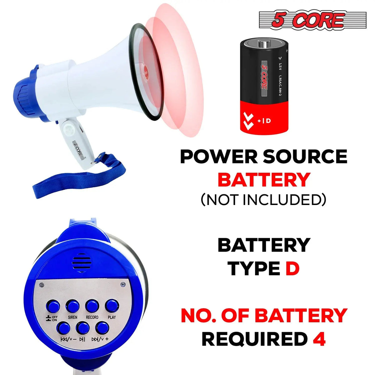 5 Core Megaphone 30W Bull Horn PA Speaker w 800 Yards Range USB Loud Siren Voice Amplifier Portable - HONORABLE VETERANS SOLUTIONS
