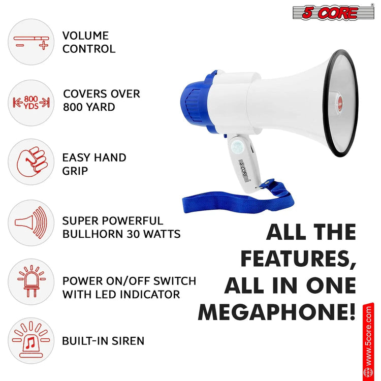5 Core Megaphone 30W Bull Horn PA Speaker w 800 Yards Range USB Loud Siren Voice Amplifier Portable - HONORABLE VETERANS SOLUTIONS
