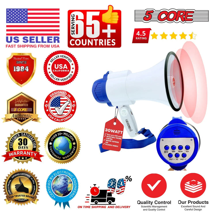 5 Core Megaphone 30W Bull Horn PA Speaker w 800 Yards Range USB Loud Siren Voice Amplifier Portable - HONORABLE VETERANS SOLUTIONS