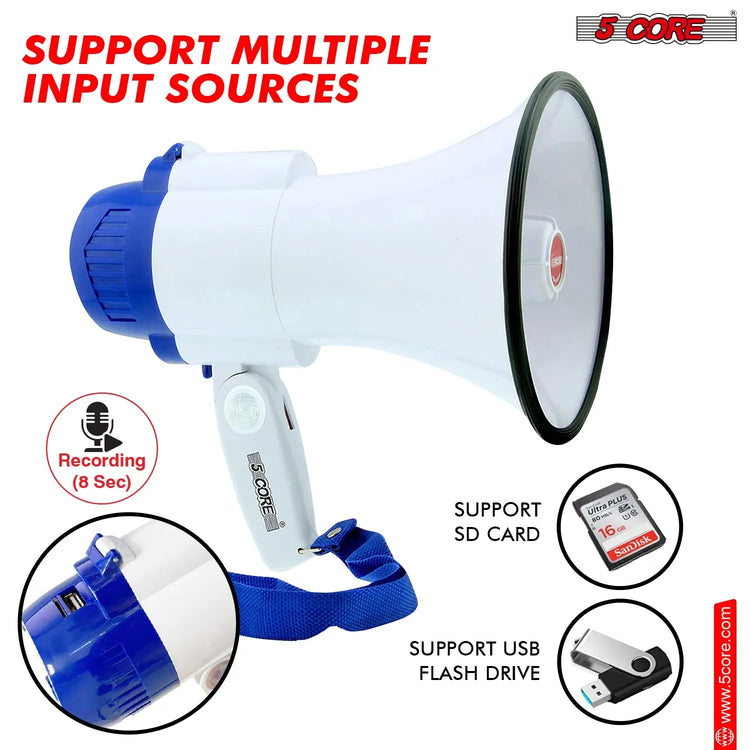 5 Core Megaphone 30W Bull Horn PA Speaker w 800 Yards Range USB Loud Siren Voice Amplifier Portable - HONORABLE VETERANS SOLUTIONS
