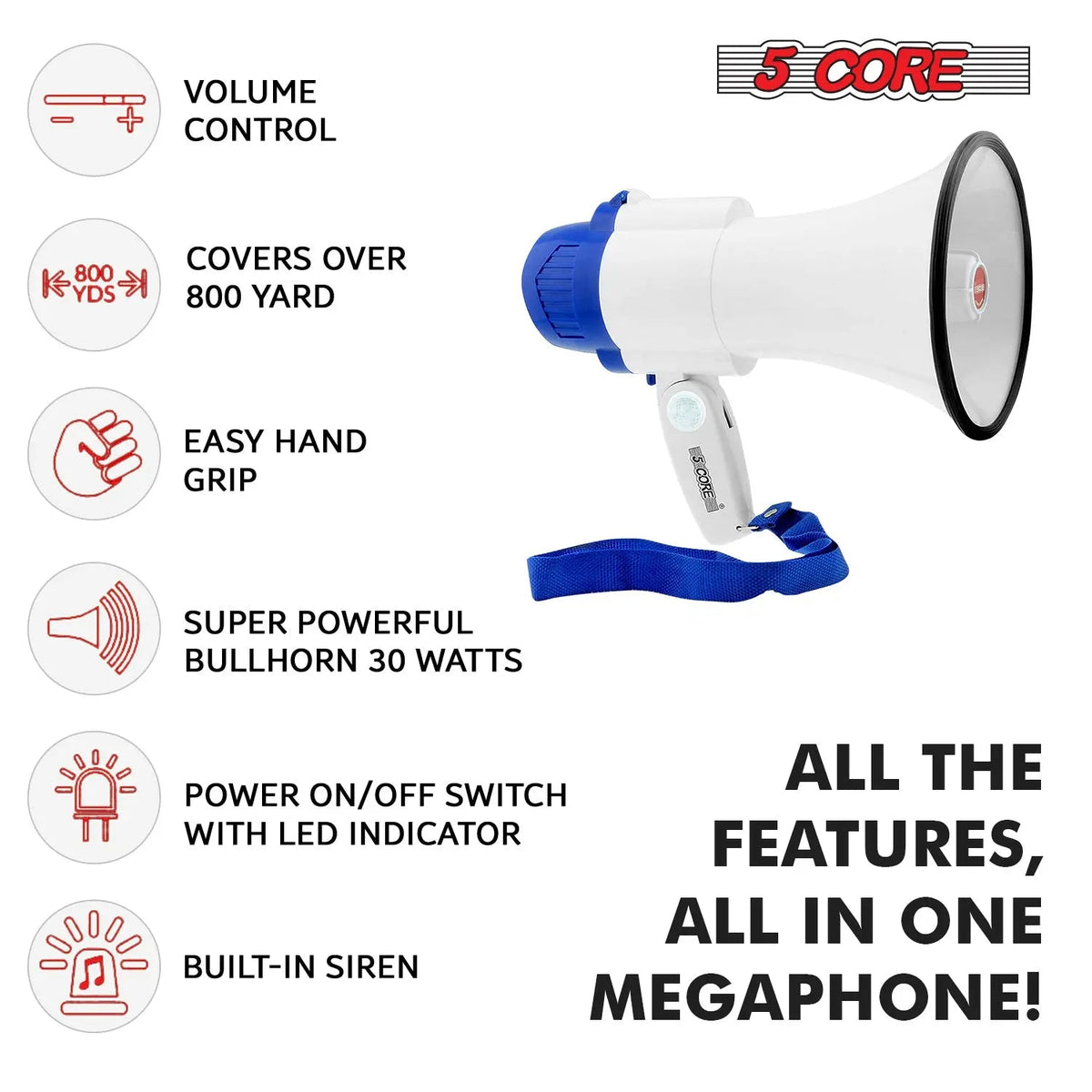 5 Core Megaphone 30W Bull Horn PA Speaker w 800 Yards Range USB Loud Siren Voice Amplifier Portable - HONORABLE VETERANS SOLUTIONS