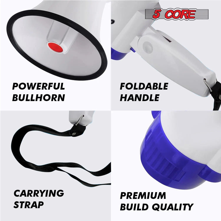 5 Core Megaphone 30W Bull Horn PA Speaker w 800 Yards Range USB Loud Siren Voice Amplifier Portable - HONORABLE VETERANS SOLUTIONS