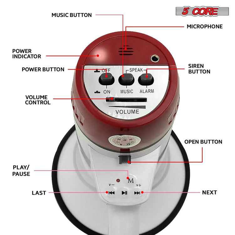 5 Core Megaphone 50W Bull Horn PA Speaker w 300M Range Loud Siren Voice Amplifier Portable - HONORABLE VETERANS SOLUTIONS